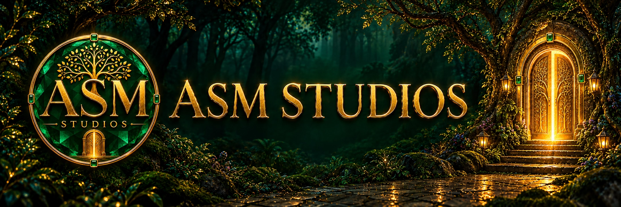 ASM Studios emerald and gold forest doorway banner