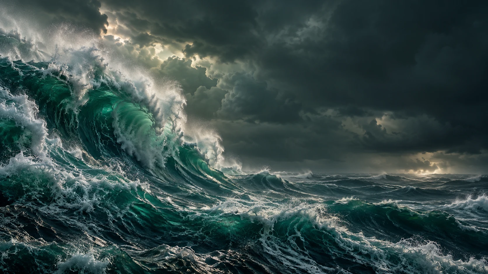 Emerald-green ocean wave beneath storm clouds