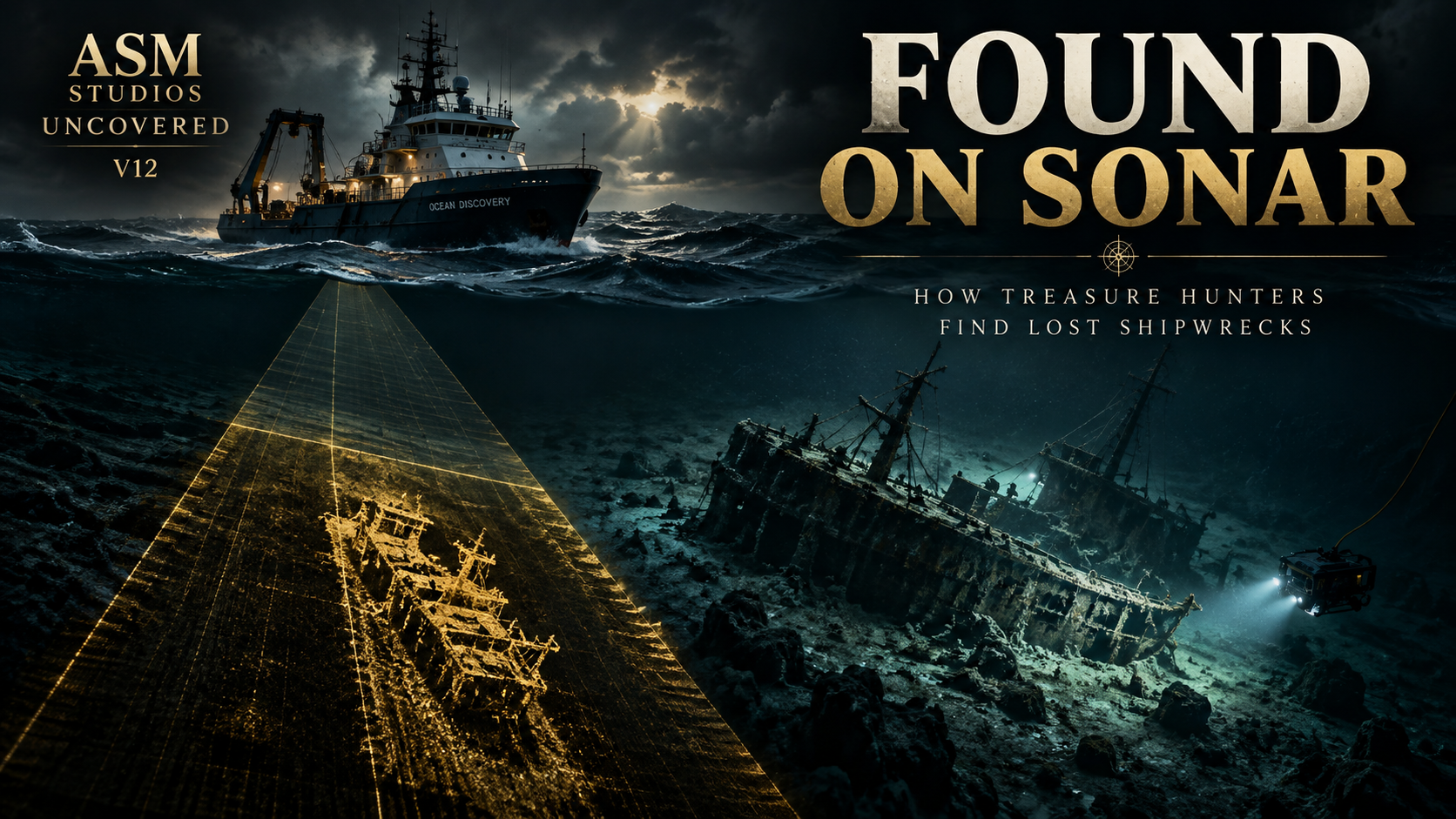 Illustrated research ship in stormy seas above a sonar scan of a submerged wreck