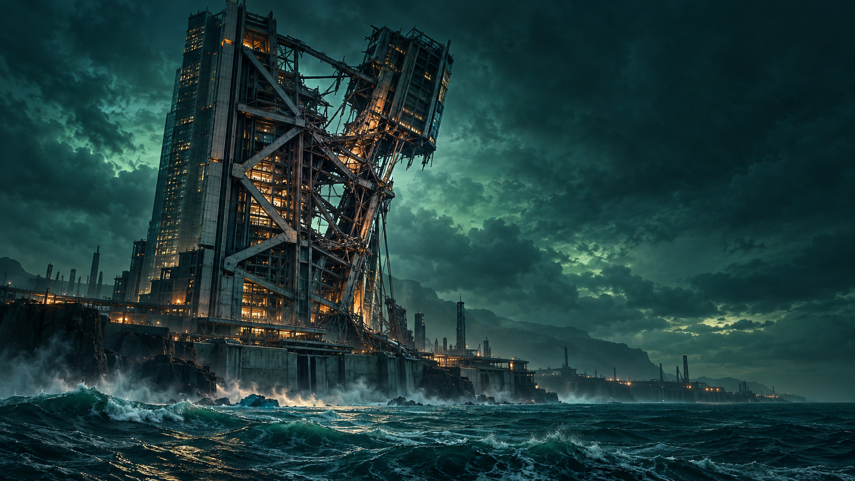 AI-generated conceptual artwork of a fictional fractured coastal skyscraper above rough emerald seas beneath storm clouds.