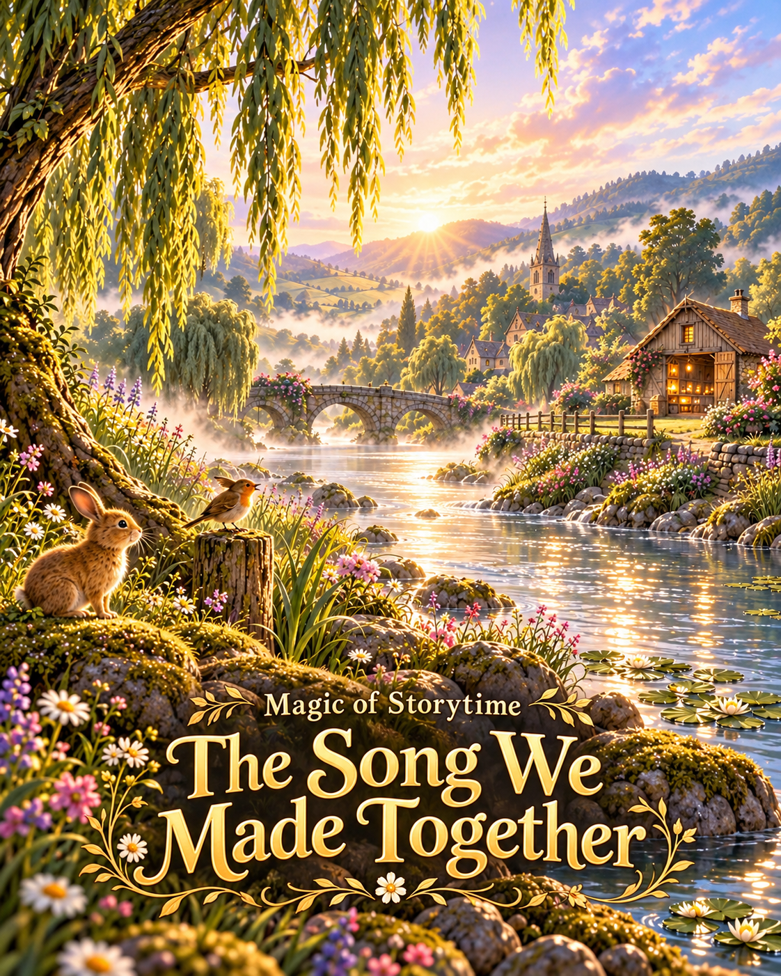 The Song We Made Together cover: a rabbit and robin beside the Willowknot river, bridge and mill in warm morning light.