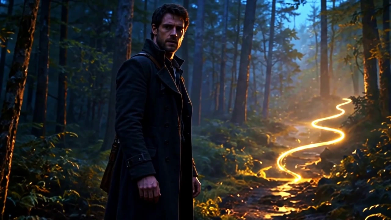 THE DOOR: David beside a golden trail of light in a forest