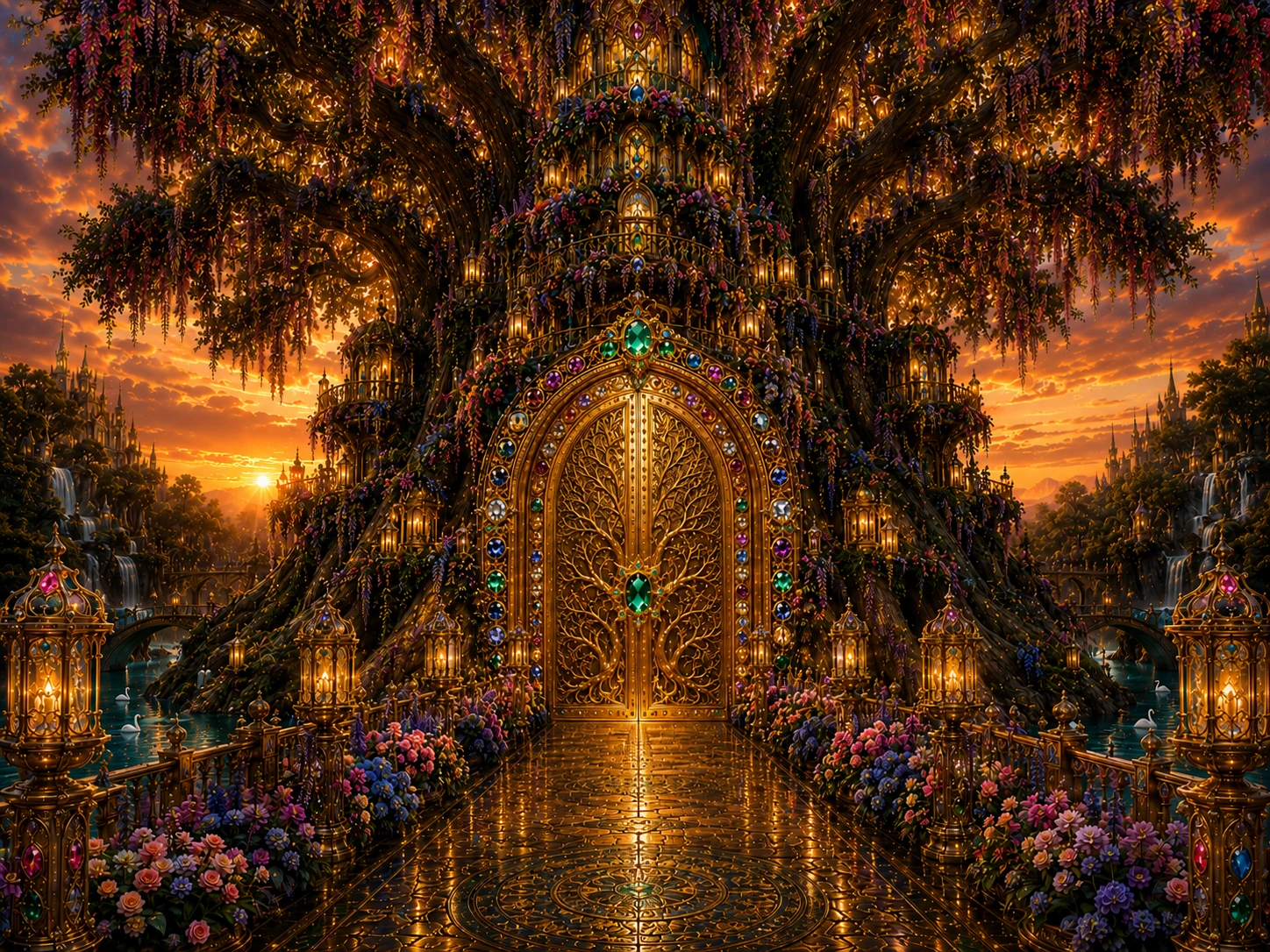 THE DOOR film artwork: the Tree of Life and its carved gold doorway, a flower-lined approach, waterways and sunset