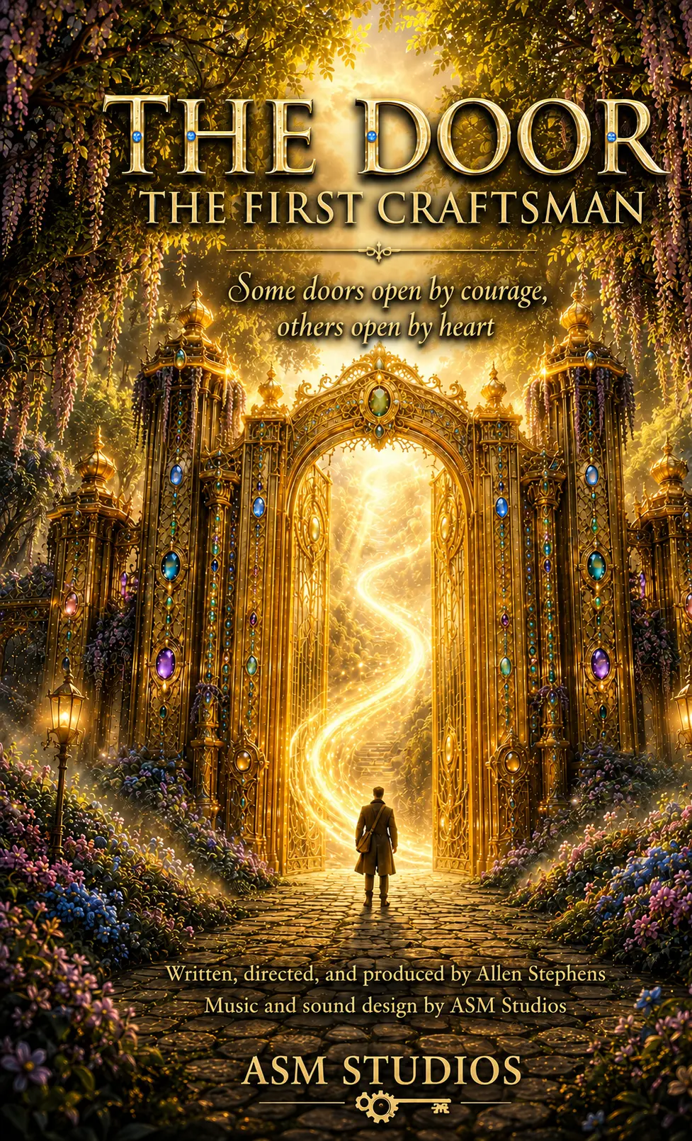 The Door: The First Craftsman poster showing a lone craftsman before monumental jeweled golden gates filled with swirling magical light